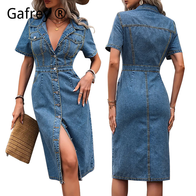 Women Fashion Jeans - Artı Boyutu Kadın Yaka Denim Elbise