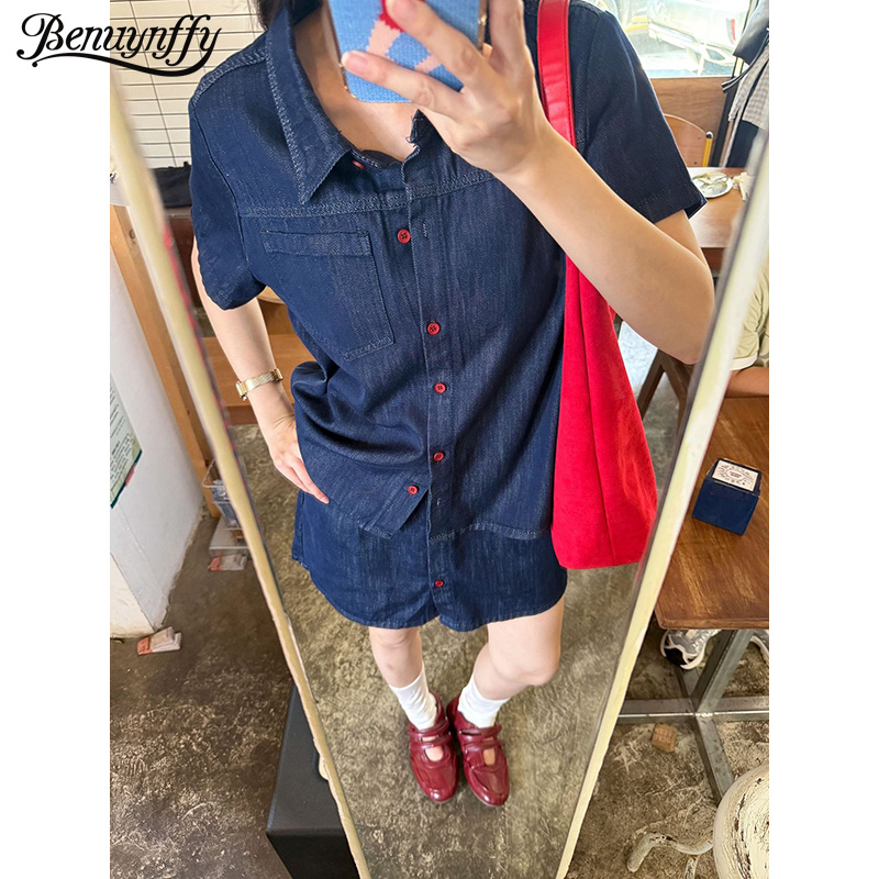 Women Fashion Jeans - Benuynffy Retro Kısa Kollu denim gömlek