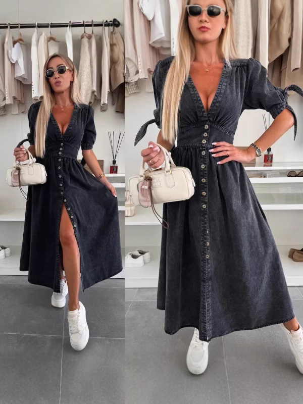 Şık Kot Elbise V Yaka Kısa Kol - Women Fashion Jeans incelemesi ve fiyatı